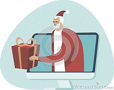 OnlineÂ shopping and fastÂ delivery on Christmas holidays concept. Instant shipping. Santa Clausr giveÂ gift box from computer Vector Illustration